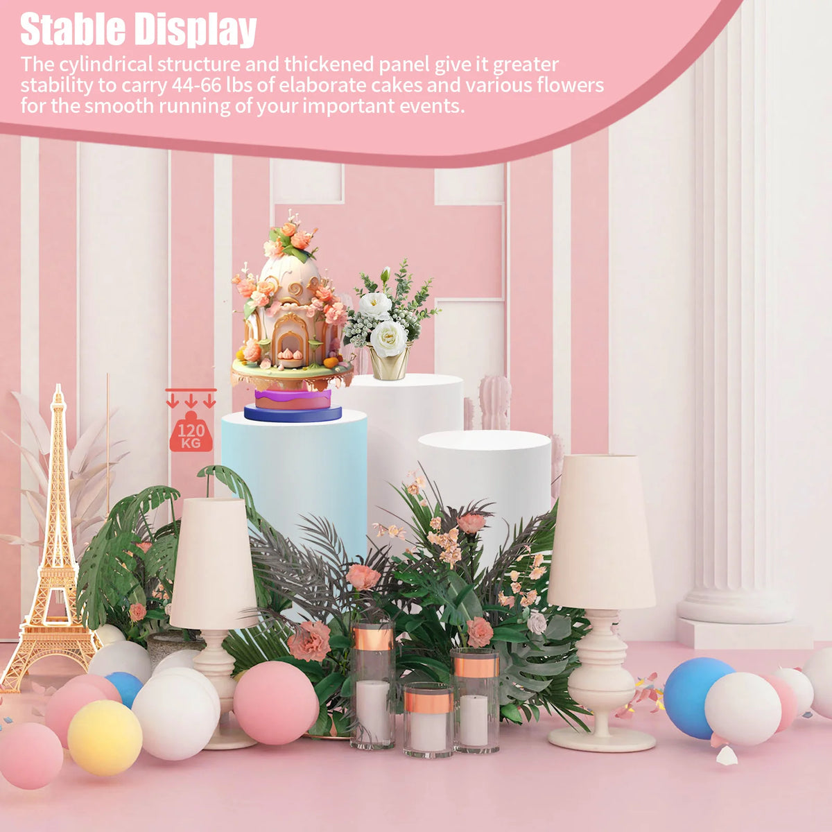 3-Piece White Cylinder Display Stand Set Cake Stand Pedestal Heavy Duty Party Decor 50+55+60cm for Wedding Dessert Table