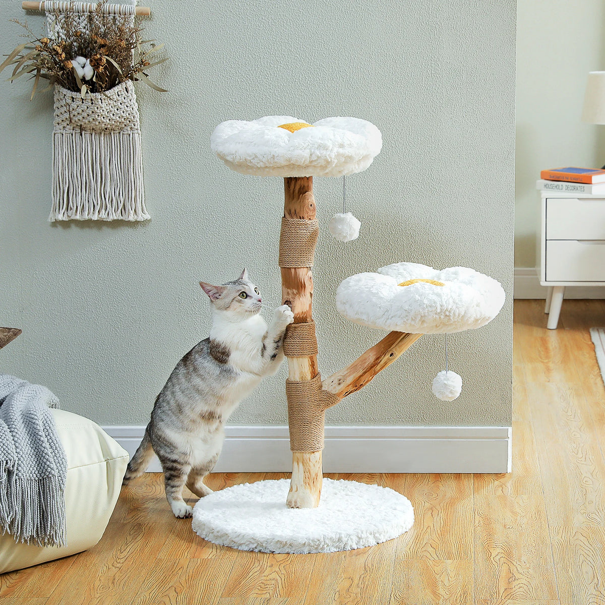 Flower Cat Tree for Indoor Cats Modern Wood Cat Tower with 2 Perches Sisal Scratching Post Scraper for Cat Accessories Cat Toys