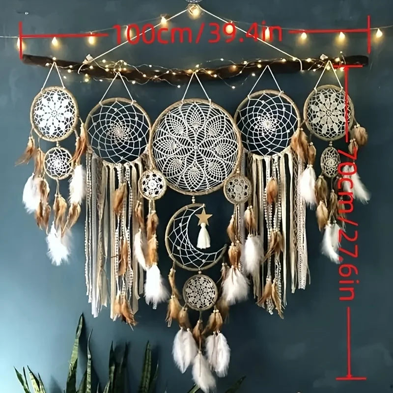 5-piece large Dream Catcher, handcrafted Moon Dream Chaser, Bohemian wall decoration Moon and Sun Sweet Dream Bedside decoration