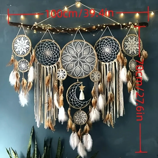 5-piece large Dream Catcher, handcrafted Moon Dream Chaser, Bohemian wall decoration Moon and Sun Sweet Dream Bedside decoration